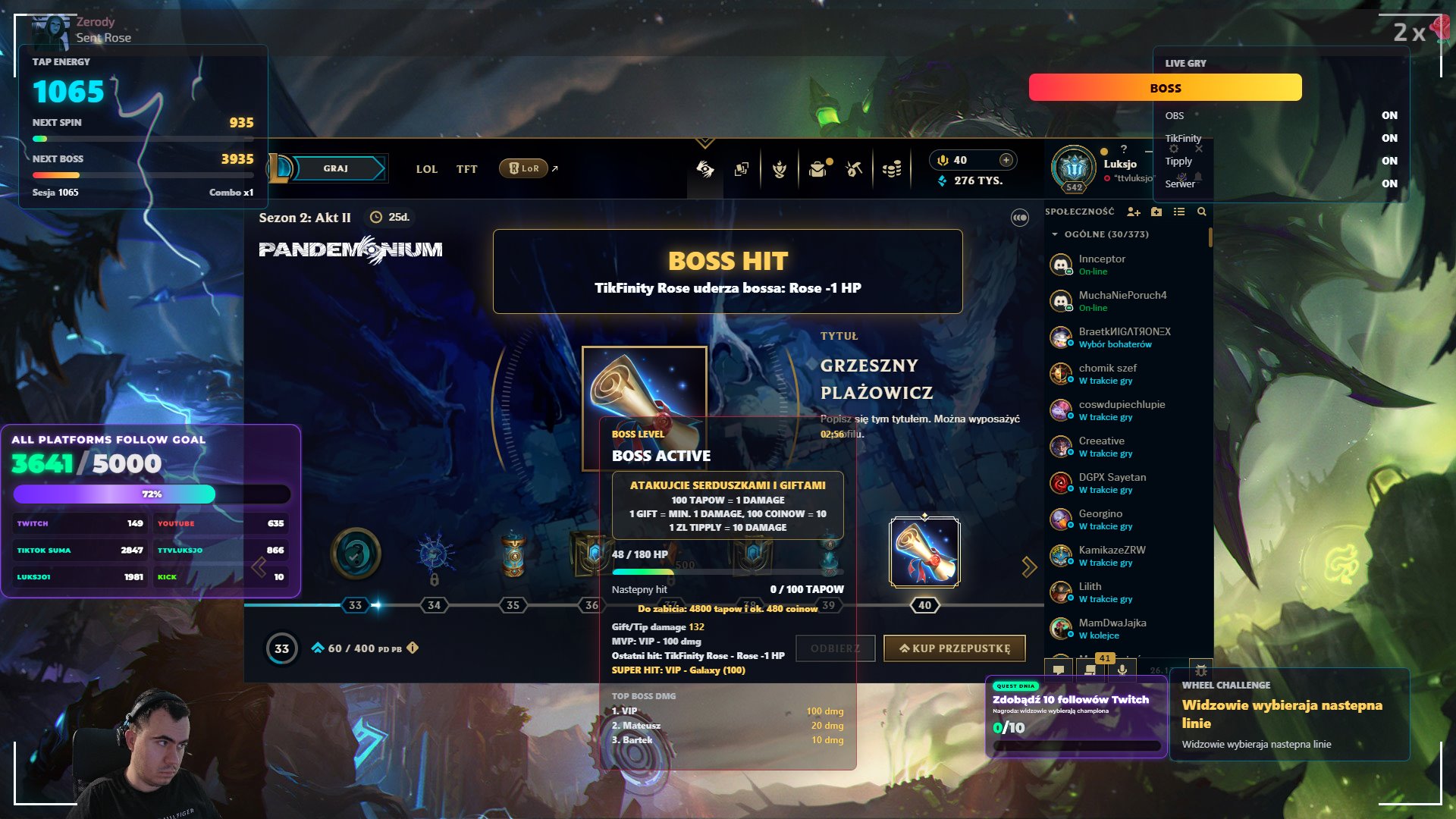 Demo bossa i giftów na overlayu LIVE GRY
